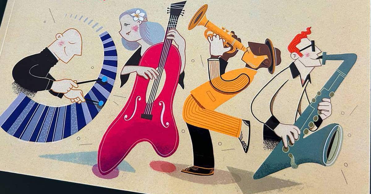 Magazincover mit Illustration Jazzmusiker und Instrumente / Lettering