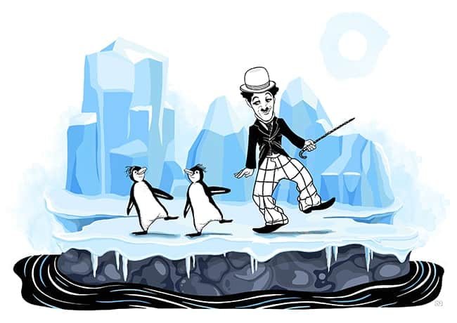 editorial illustration Chaplin Dance with Penguins studio animanova